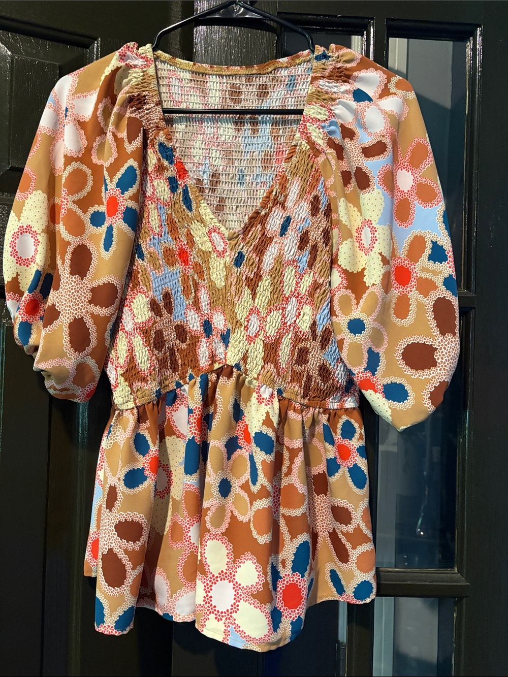 Source Unknown Tan Multicolor Floral Smocked Peplum Top